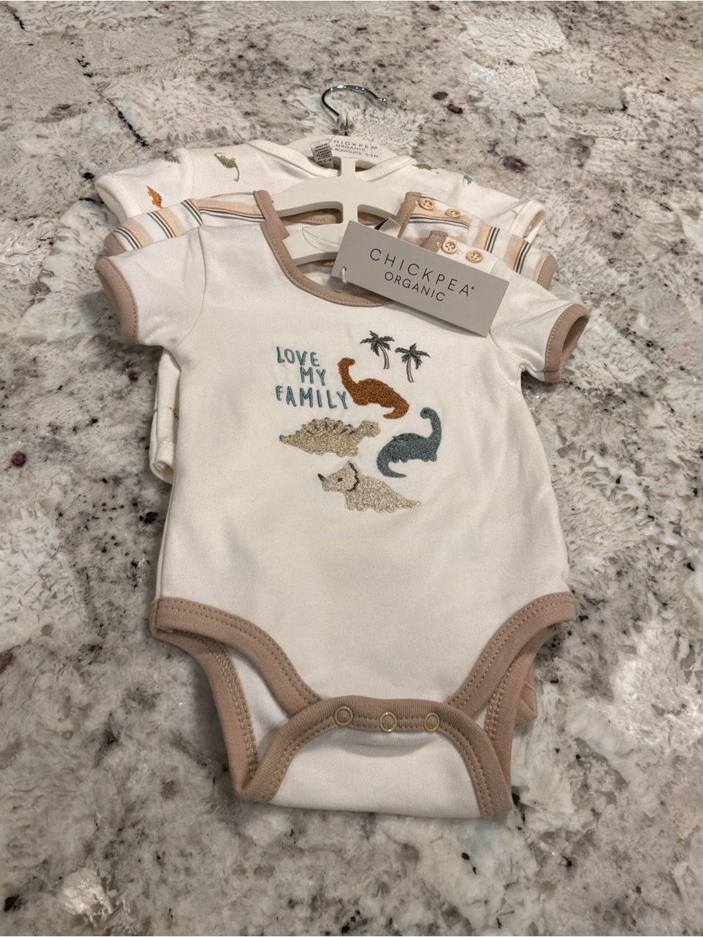 chick pea Cream One-Piece Bodysuit with Animal Family Embroidery
